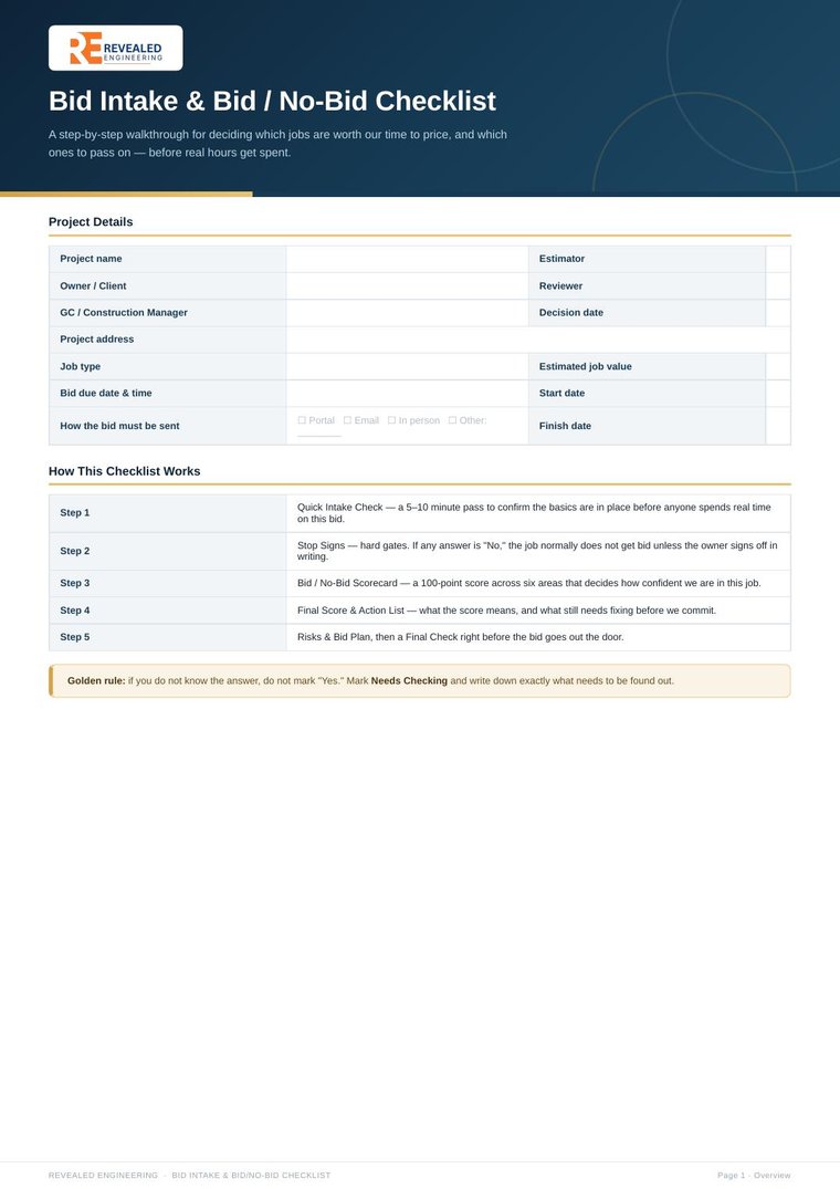 Preview of the Bid Intake & Bid/No-Bid Checklist document